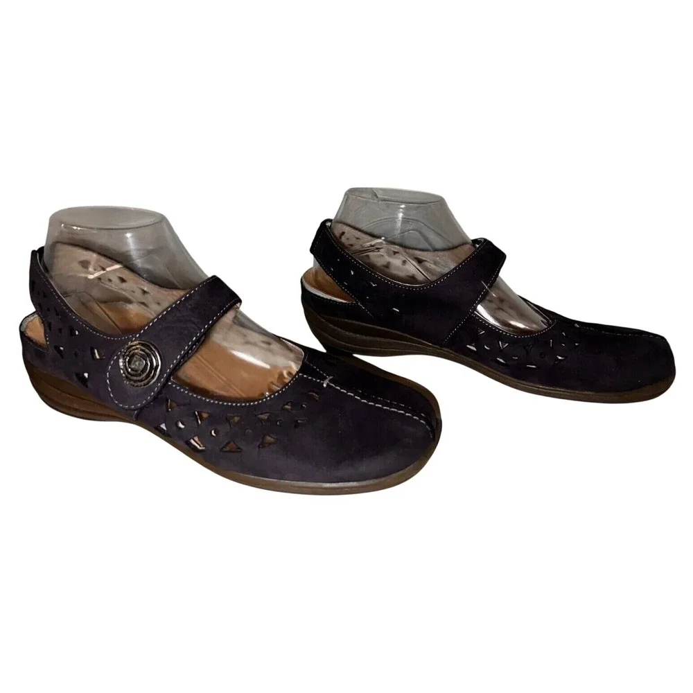 Ara Blue Nubuck Leather Laser Cut Mary Jane Slingback Shoes Womens Size 8.5